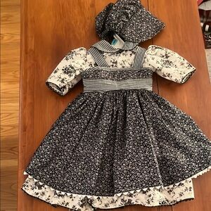 Floral Black and White Dress with Matching Bonnet